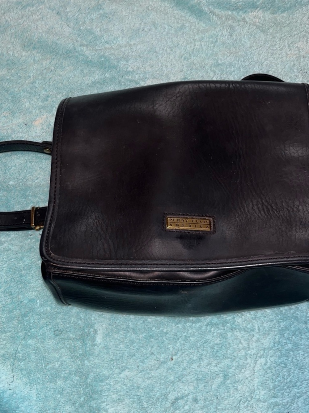 Perry Ellis Black Leather Messenger Bag with Brass Logo Plate